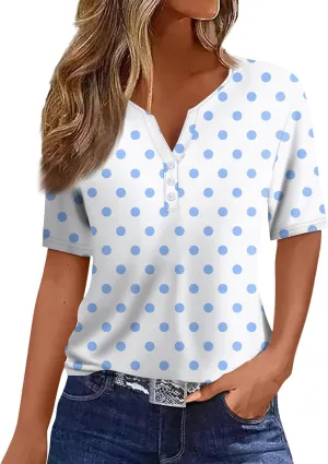 Women's Summer Casual Loose Tops V-Neck Short Sleeve Button Plaid Polka Dot Printed T-Shirt Plus, S-3XL