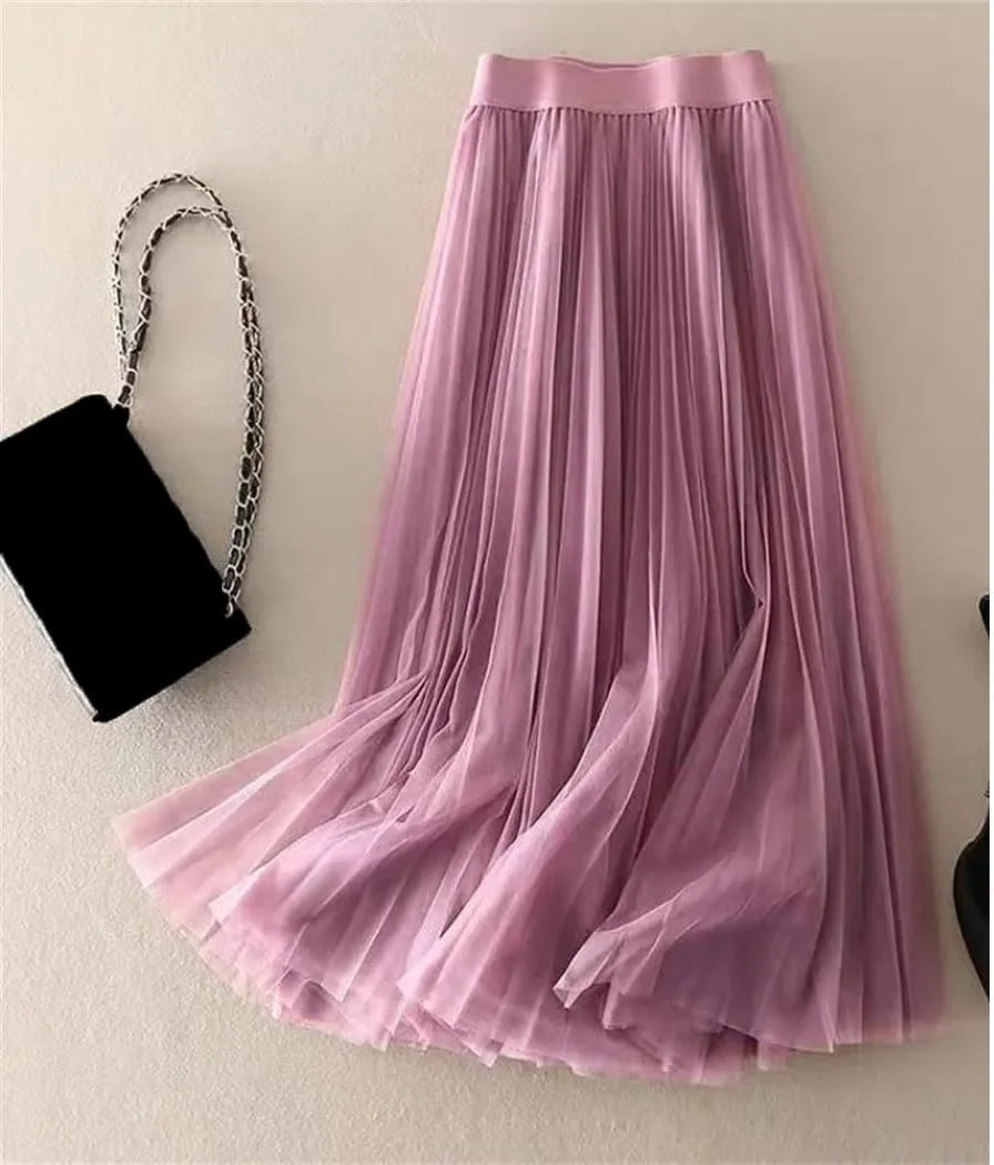Women's Summer Solid Color Pleated Mesh Skirt - High Waisted Shirring Slim Midi Skirt, Classic Casual Skirts