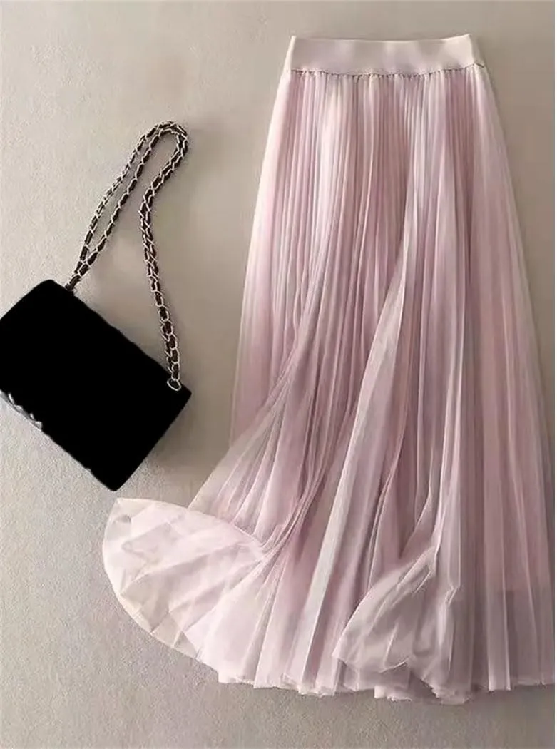 Women's Summer Solid Color Pleated Mesh Skirt - High Waisted Shirring Slim Midi Skirt, Classic Casual Skirts