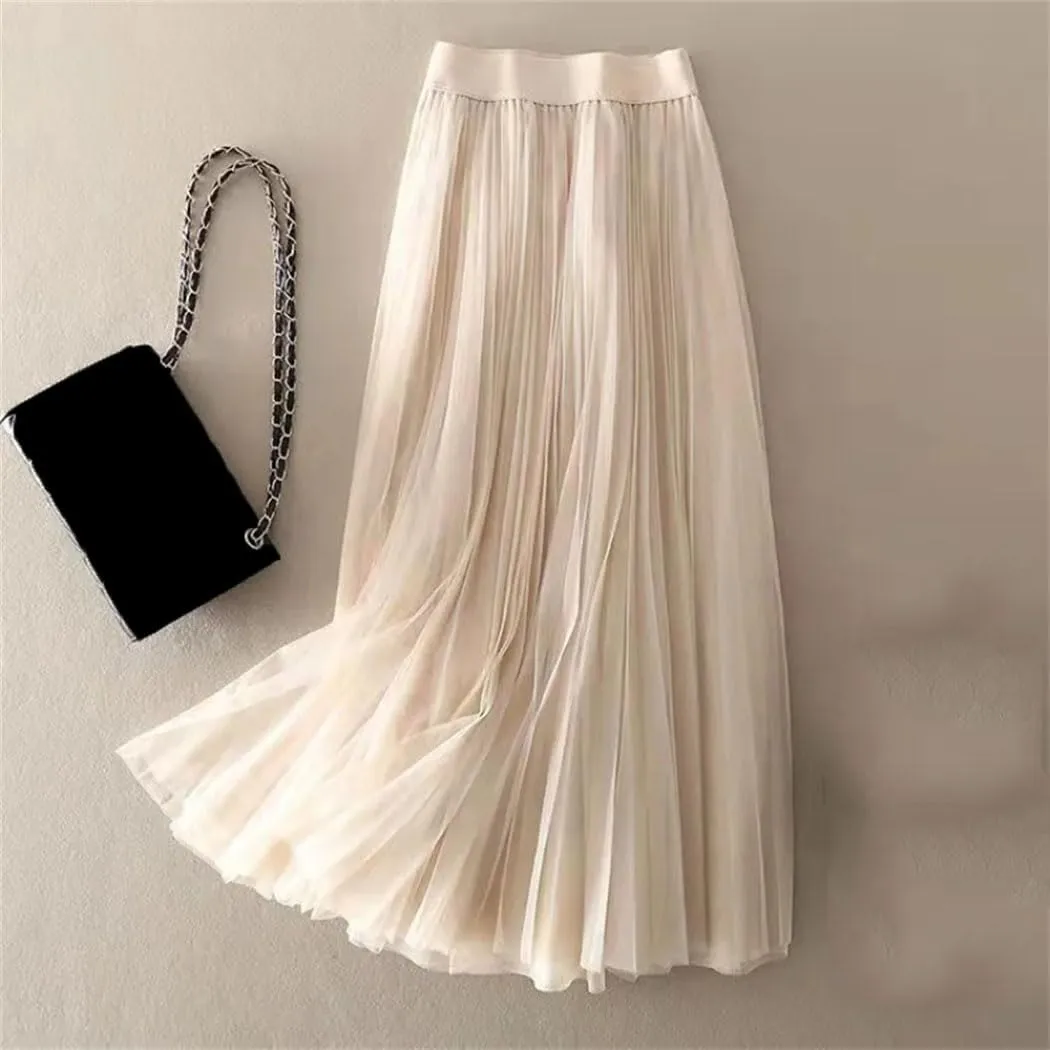 Women's Summer Solid Color Pleated Mesh Skirt - High Waisted Shirring Slim Midi Skirt, Classic Casual Skirts