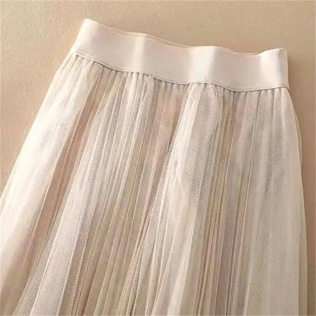 Women's Summer Solid Color Pleated Mesh Skirt - High Waisted Shirring Slim Midi Skirt, Classic Casual Skirts
