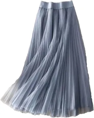 Women's Summer Solid Color Pleated Mesh Skirt - High Waisted Shirring Slim Midi Skirt, Classic Casual Skirts