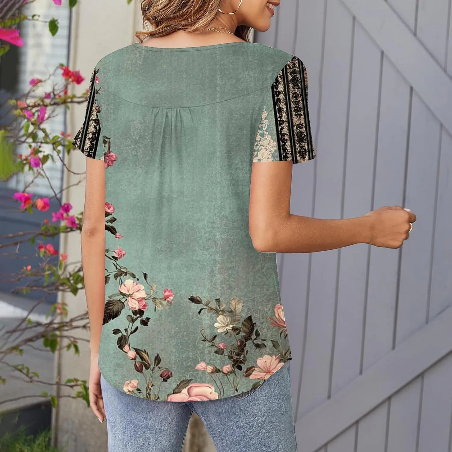 Womens Summer Tops 2025 Trendy Boho Floral Tunic Shirts Short Sleeve Button V Neck Tshirt Dressy Casual Loose Blouses