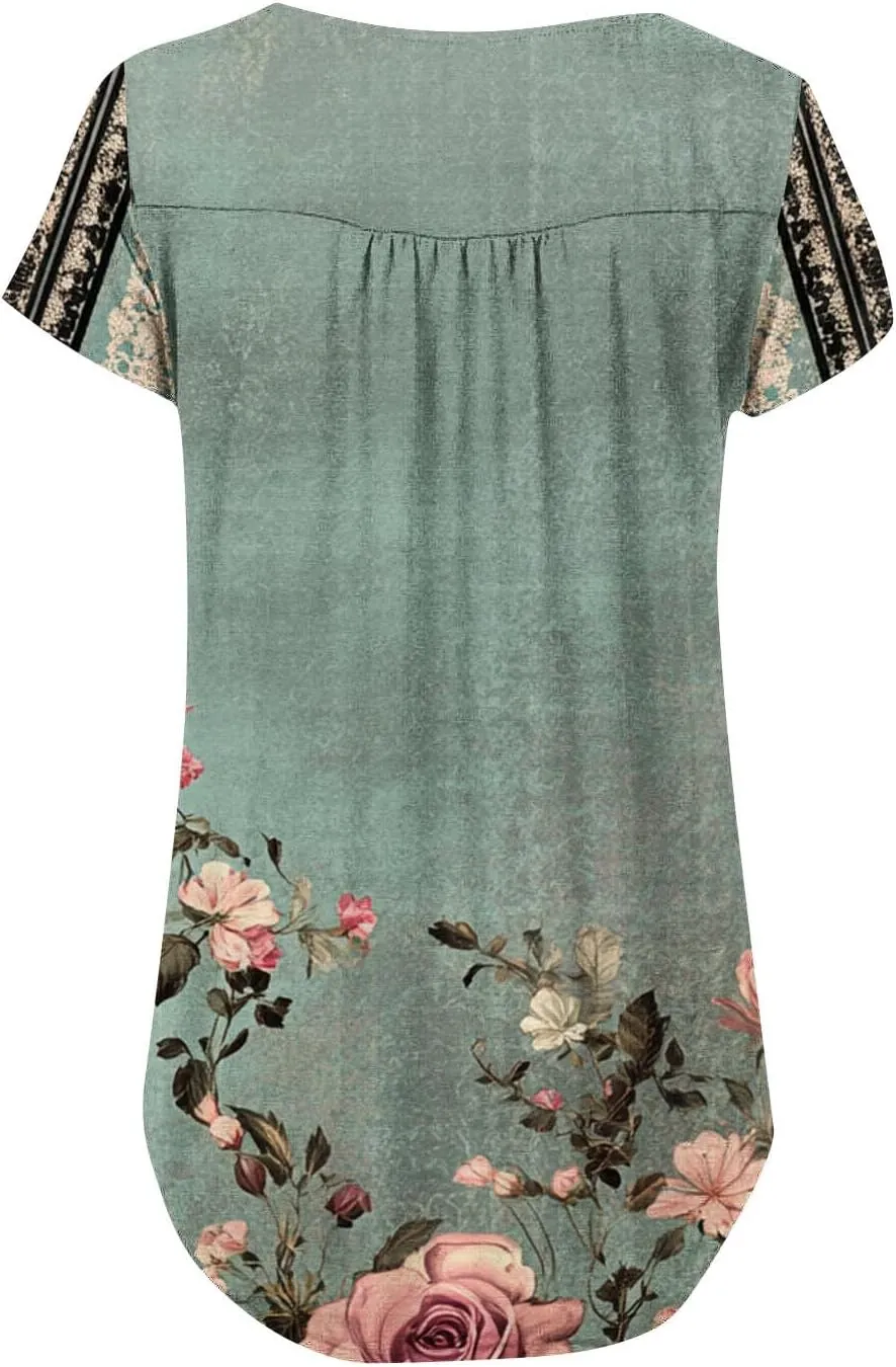 Womens Summer Tops 2025 Trendy Boho Floral Tunic Shirts Short Sleeve Button V Neck Tshirt Dressy Casual Loose Blouses