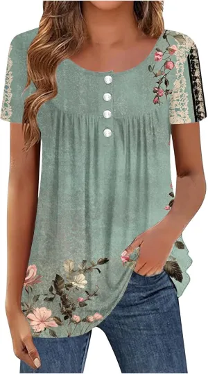 Womens Summer Tops 2025 Trendy Boho Floral Tunic Shirts Short Sleeve Button V Neck Tshirt Dressy Casual Loose Blouses