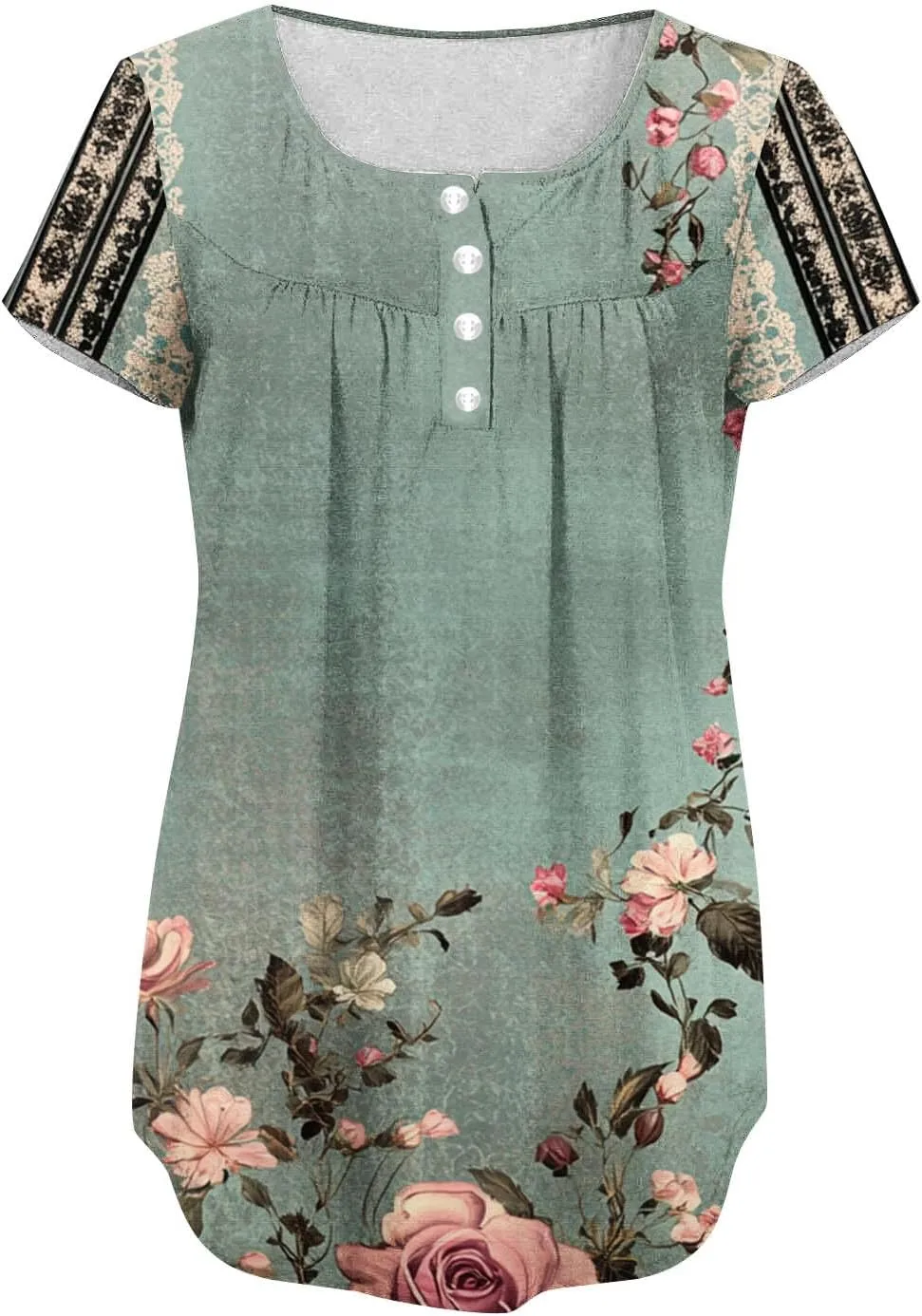 Womens Summer Tops 2025 Trendy Boho Floral Tunic Shirts Short Sleeve Button V Neck Tshirt Dressy Casual Loose Blouses