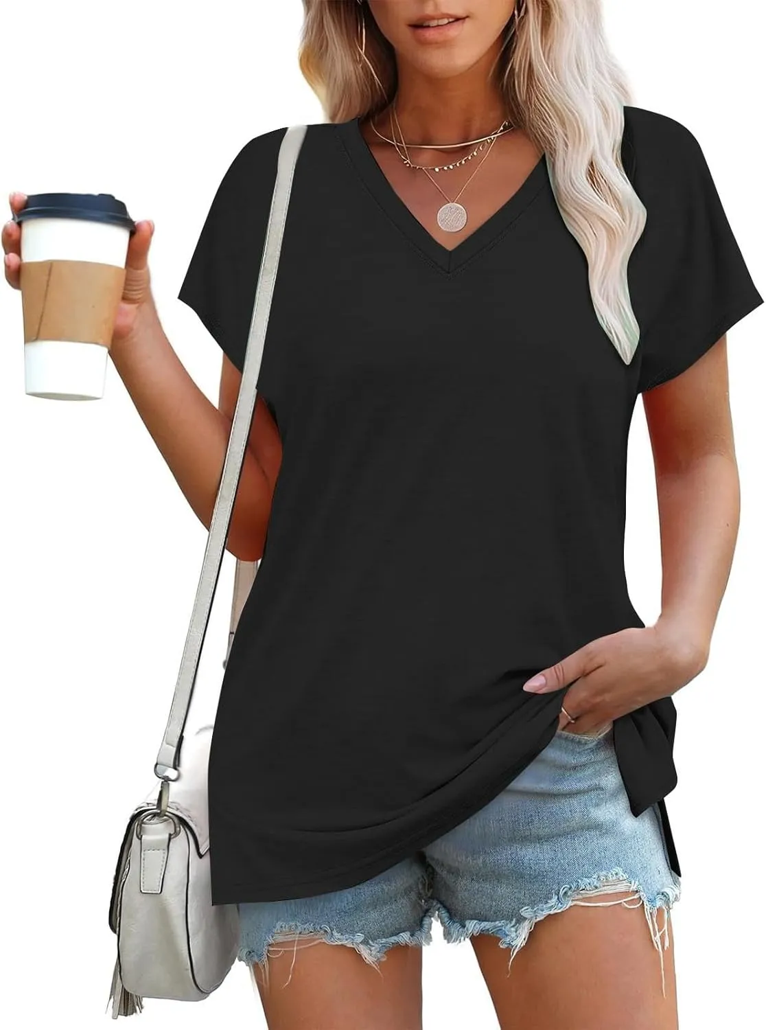 Womens Summer V Neck T Shirts Short Sleeve Basic Tee Tops Dressy Casual Loose Fit Cute Tshirt Trendy Fashion Outfits