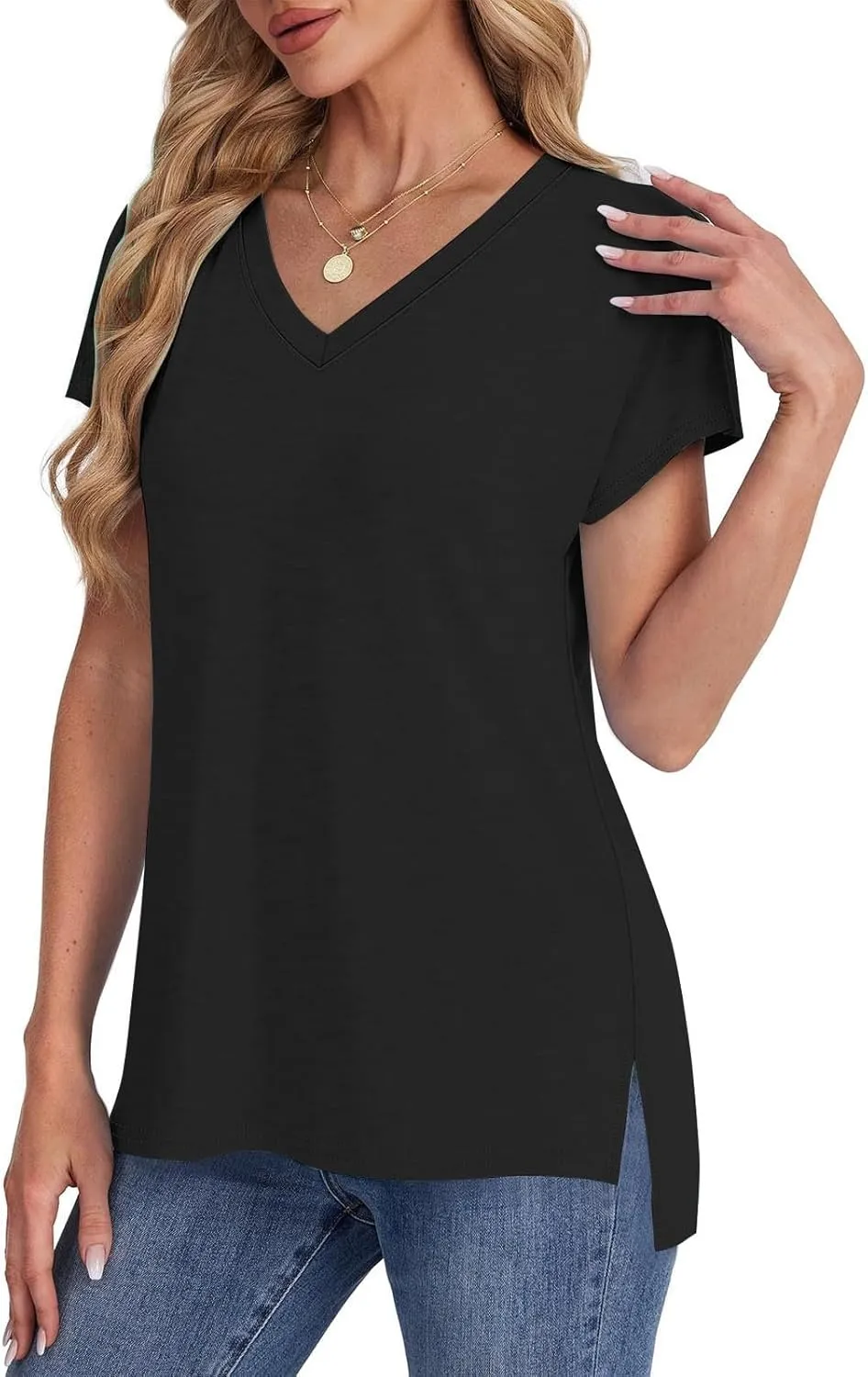 Womens Summer V Neck T Shirts Short Sleeve Basic Tee Tops Dressy Casual Loose Fit Cute Tshirt Trendy Fashion Outfits
