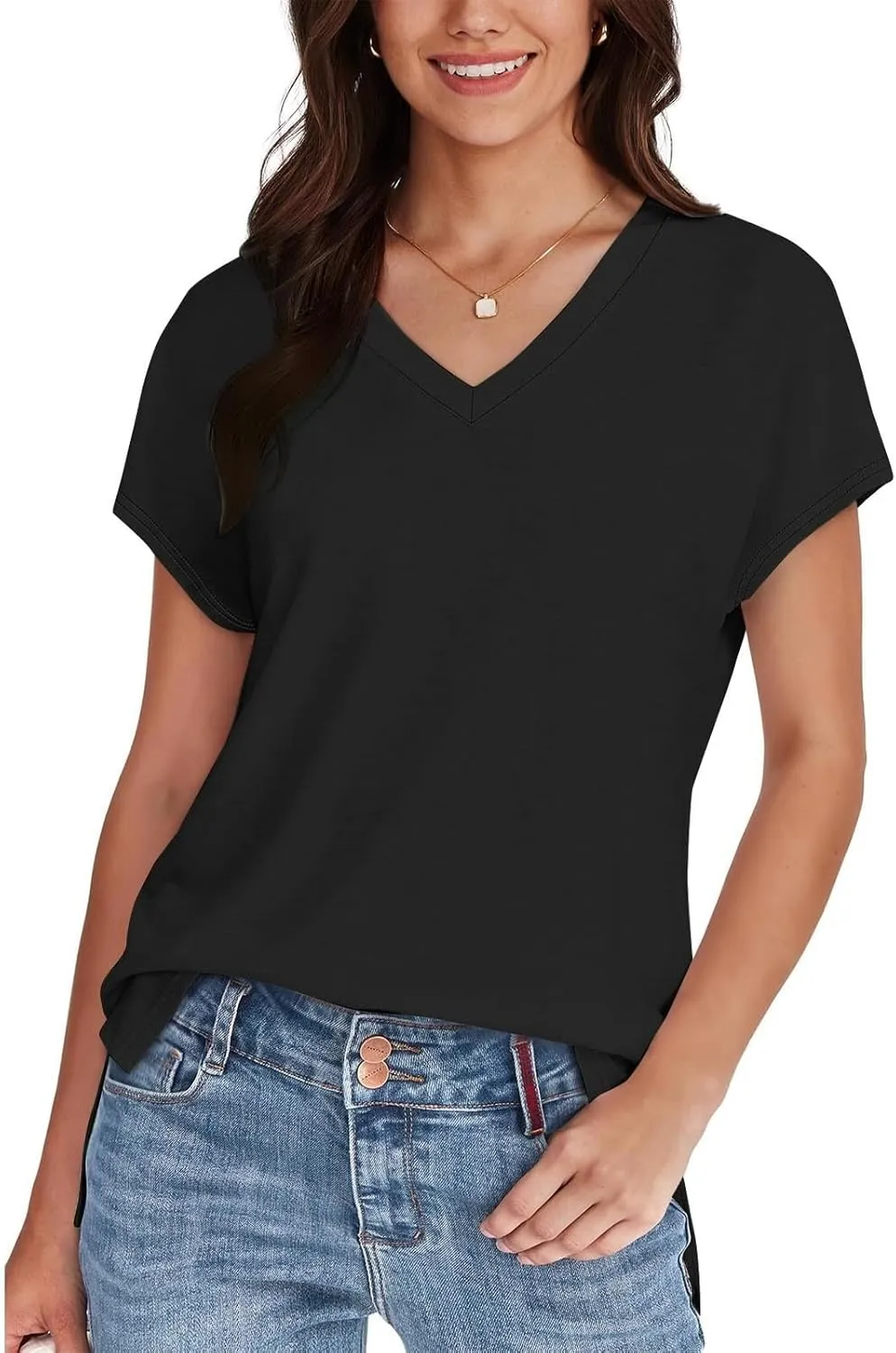 Womens Summer V Neck T Shirts Short Sleeve Basic Tee Tops Dressy Casual Loose Fit Cute Tshirt Trendy Fashion Outfits