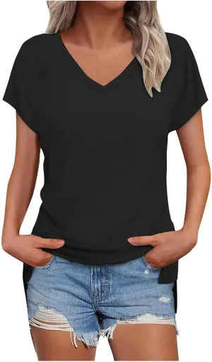 Womens Summer V Neck T Shirts Short Sleeve Basic Tee Tops Dressy Casual Loose Fit Cute Tshirt Trendy Fashion Outfits