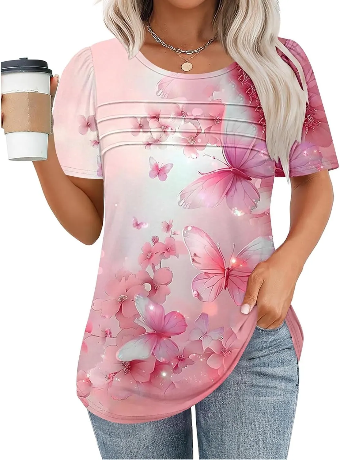 Womens T Shirts Short Sleeve Pleated Front Scooped Neck Tops Dressy Casual Blouses Spring Summer Cute Print Tees