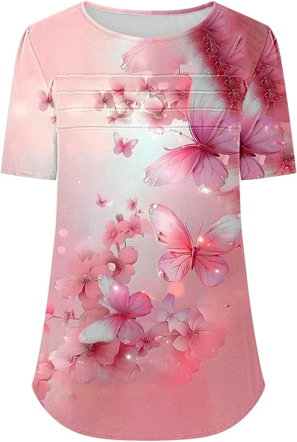 Womens T Shirts Short Sleeve Pleated Front Scooped Neck Tops Dressy Casual Blouses Spring Summer Cute Print Tees