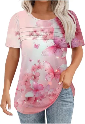 Womens T Shirts Short Sleeve Pleated Front Scooped Neck Tops Dressy Casual Blouses Spring Summer Cute Print Tees