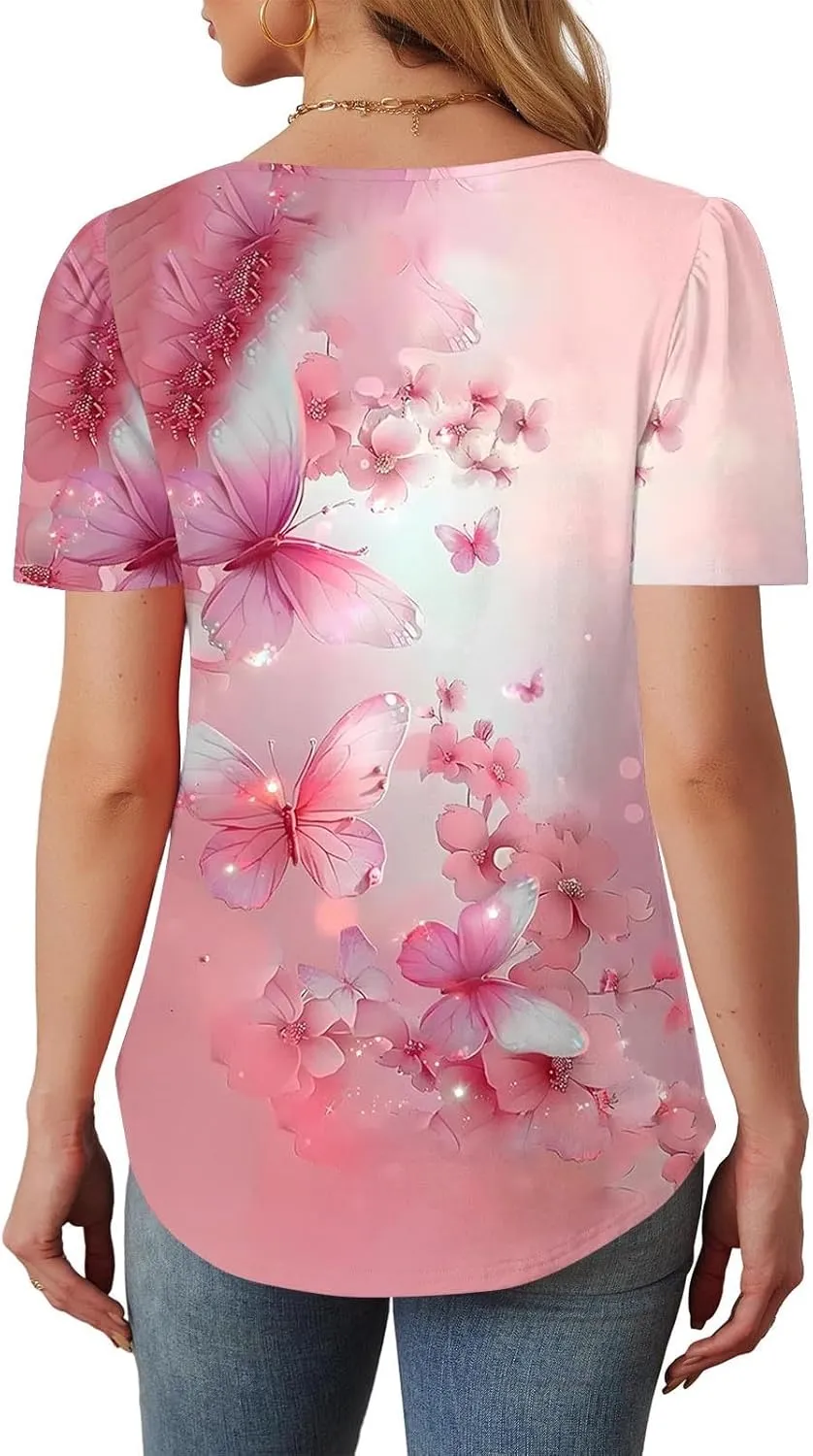 Womens T Shirts Short Sleeve Pleated Front Scooped Neck Tops Dressy Casual Blouses Spring Summer Cute Print Tees
