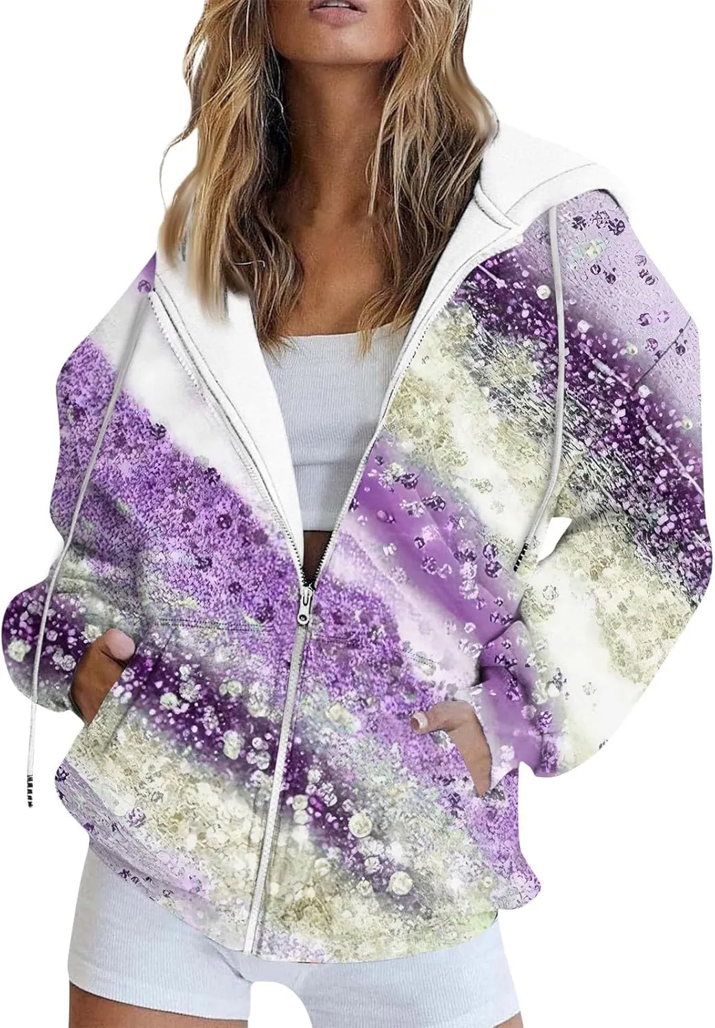 Women's Tie-Dye/White Zip-Up Hoodie With Pockets, Striped, Long Sleeve, S-3XL