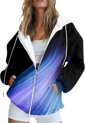 Women's Tie-Dye/White Zip-Up Hoodie With Pockets, Striped, Long Sleeve, S-3XL