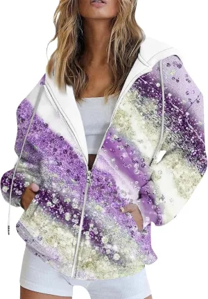 Women's Tie-Dye/White Zip-Up Hoodie With Pockets, Striped, Long Sleeve, S-3XL