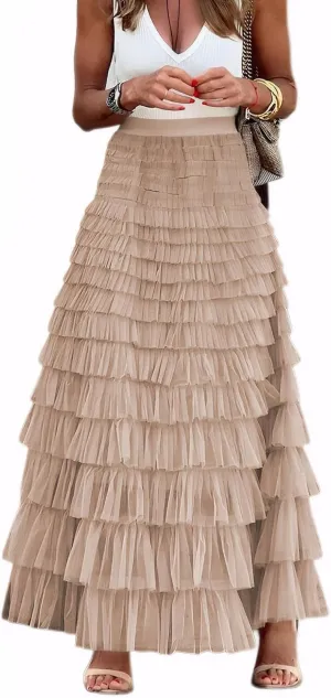 Women's Tiered Maxi Skirt A Line Ruffle Mesh Long Tulle Skirts High Waisted Layered Skirts Petticoat