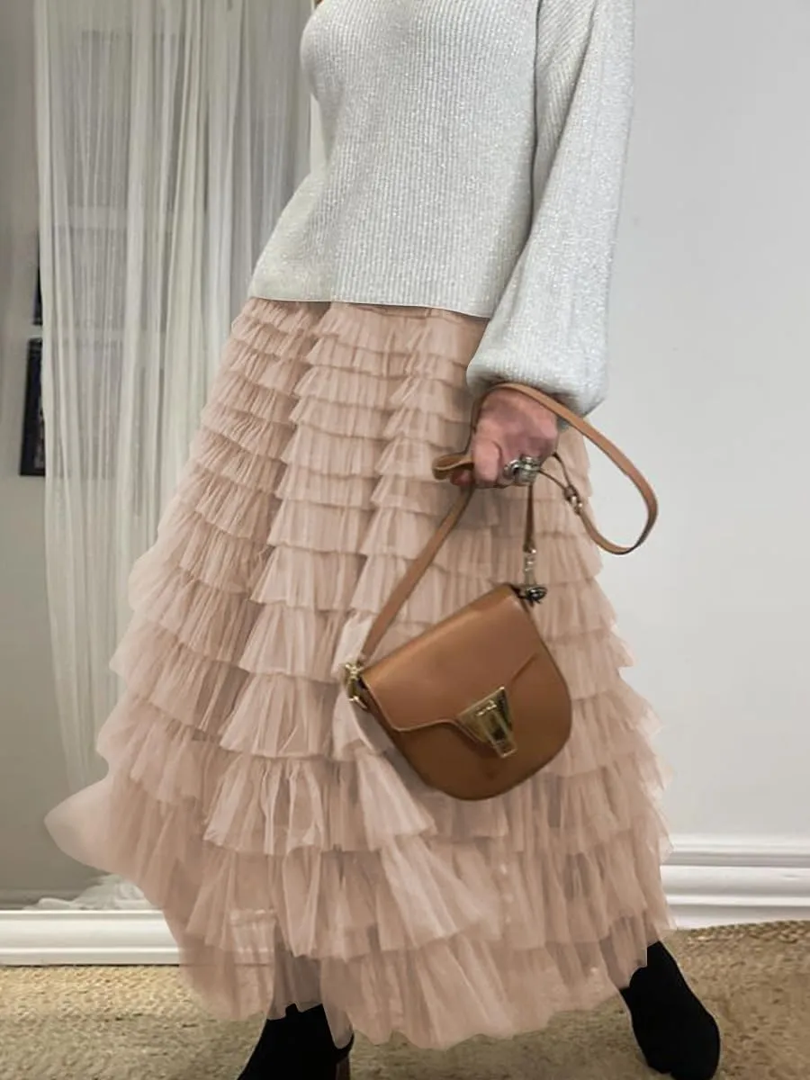 Women's Tiered Maxi Skirt A Line Ruffle Mesh Long Tulle Skirts High Waisted Layered Skirts Petticoat