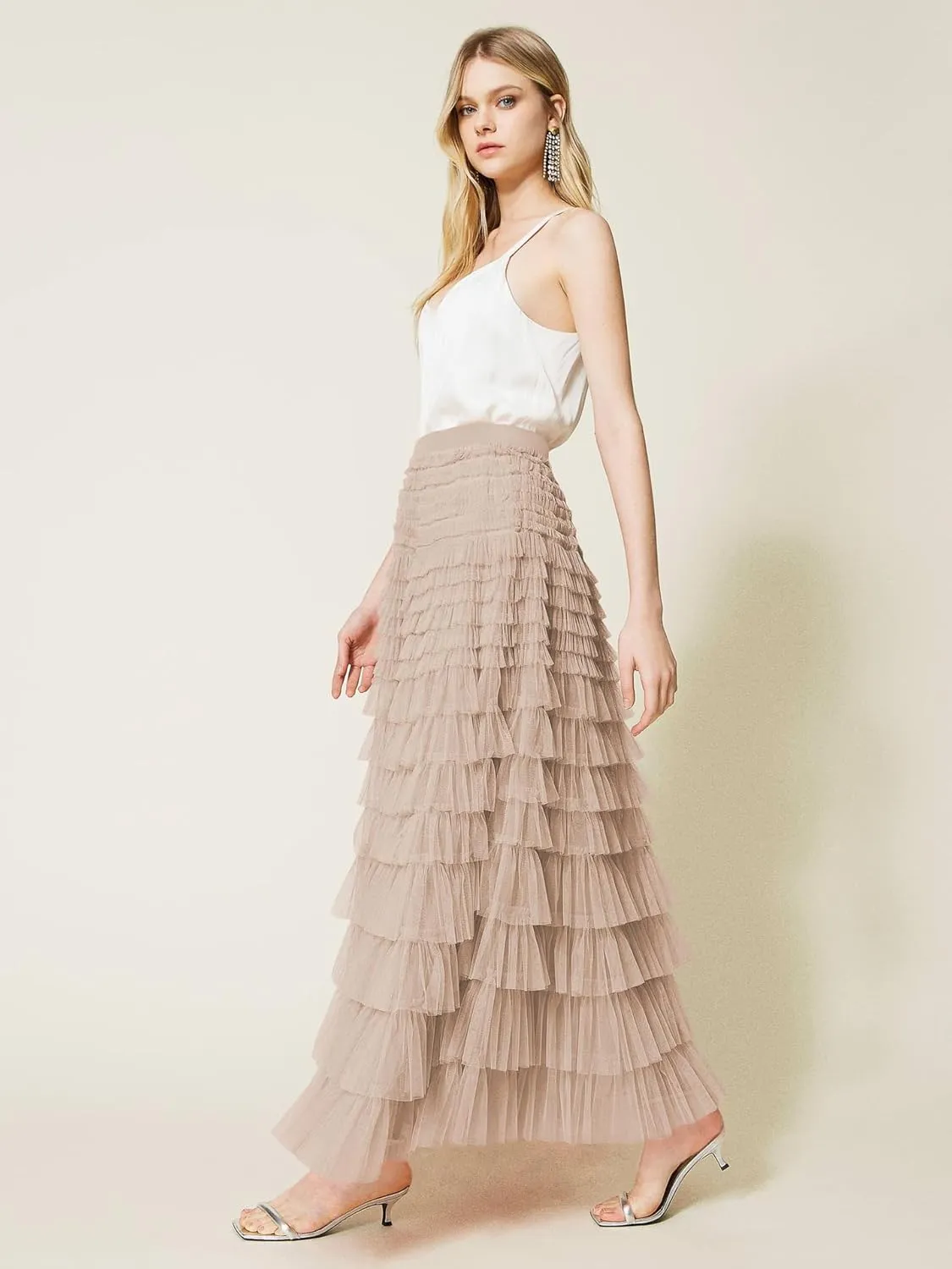 Women's Tiered Maxi Skirt A Line Ruffle Mesh Long Tulle Skirts High Waisted Layered Skirts Petticoat