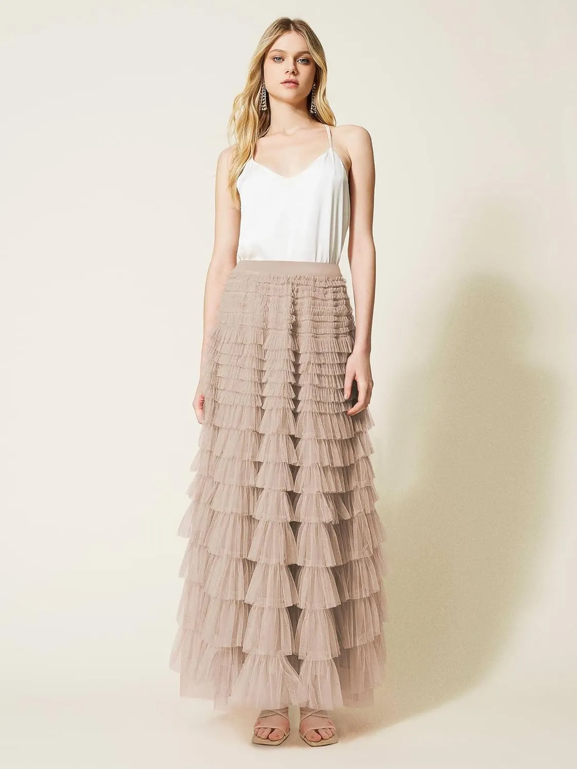 Women's Tiered Maxi Skirt A Line Ruffle Mesh Long Tulle Skirts High Waisted Layered Skirts Petticoat