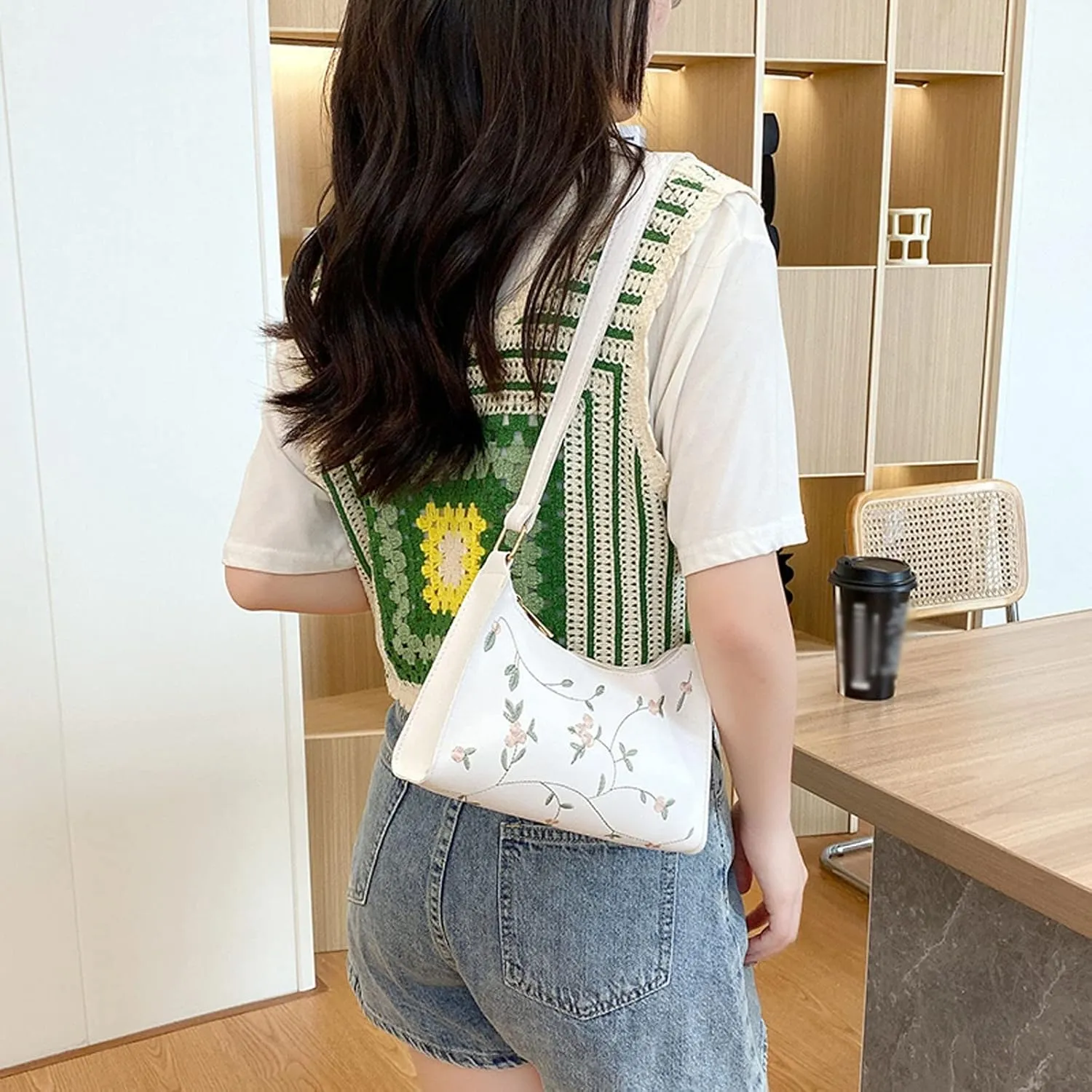 Women's Trendy Purses Vegan Leather Hobo Handbags Fashion Canvas Hippie Crossbody Bags Travel Bag with Zipper(White)