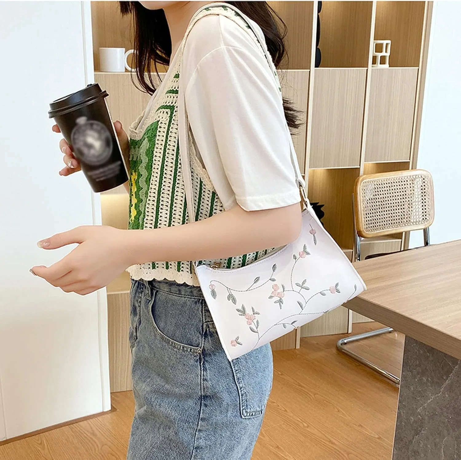Women's Trendy Purses Vegan Leather Hobo Handbags Fashion Canvas Hippie Crossbody Bags Travel Bag with Zipper(White)