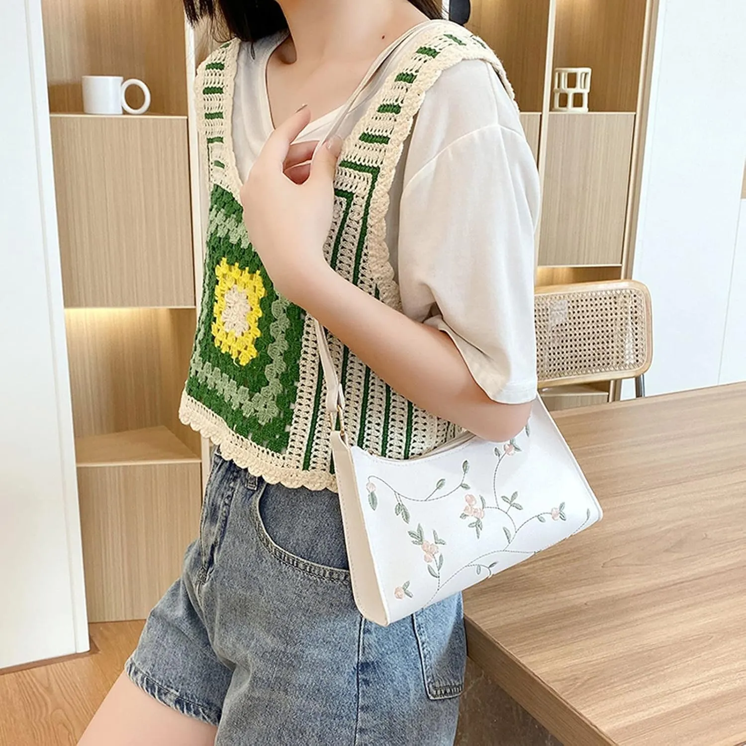 Women's Trendy Purses Vegan Leather Hobo Handbags Fashion Canvas Hippie Crossbody Bags Travel Bag with Zipper(White)
