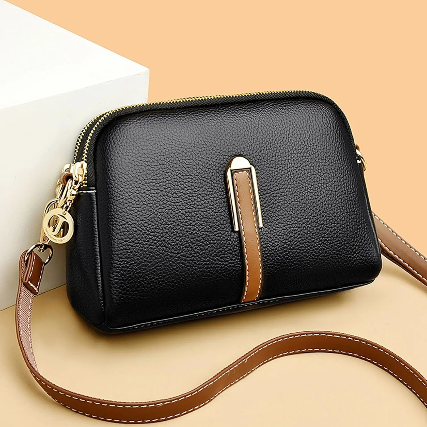 Women's Trendy Purses Vegan Leather Hobo Handbags Genuine Leather Crossbody Bags for Women Womens Crochet Bag(Black)