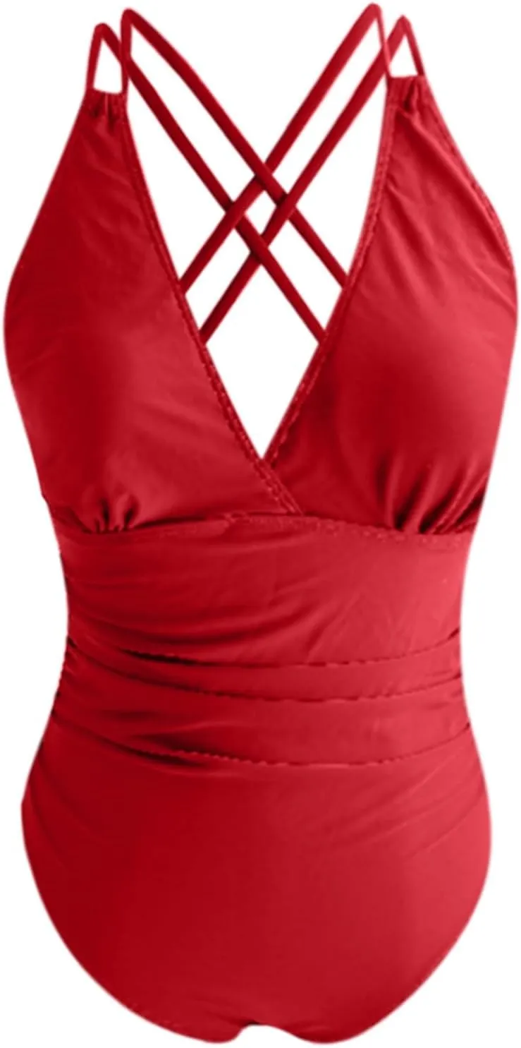 Women's Tummy Control Monokinis Swimsuits One Piece Neon Color Block Swimwear Deep V Neck Slimming Bathing Suit