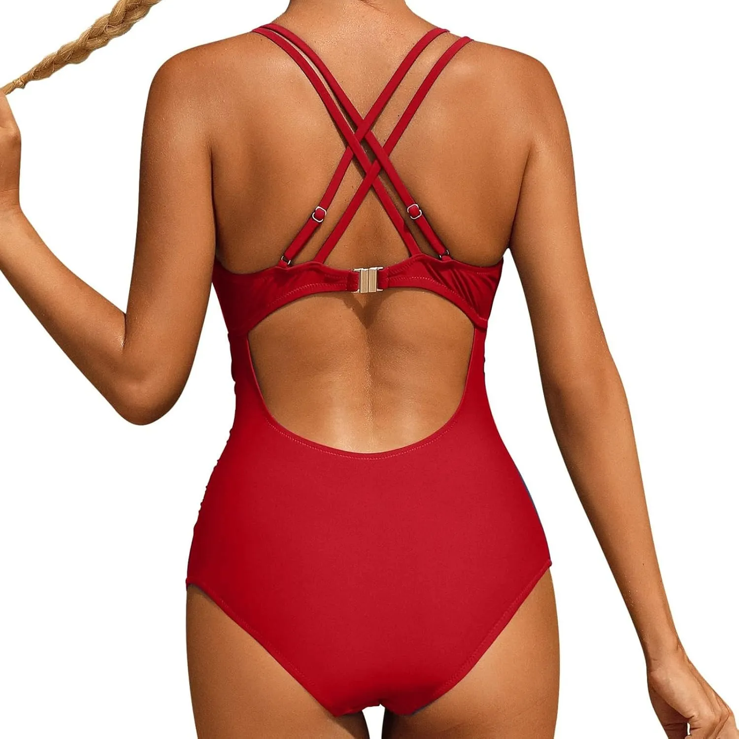 Women's Tummy Control Monokinis Swimsuits One Piece Neon Color Block Swimwear Deep V Neck Slimming Bathing Suit