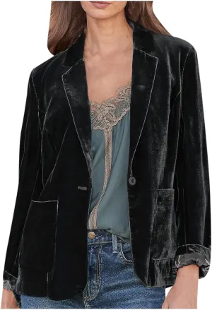 Womens Velvet Blazer Cozy Lightweight Outerwear Retro Buttons Long Sleeve Pokets Jacket Cardigan Coat Office Blazers