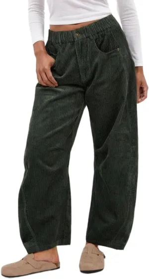 Womens Vintage Corduroy Mid-Rise Barrel Pants Elastic Waist Wide Leg Baggy Pants Trendy Casual Trouser