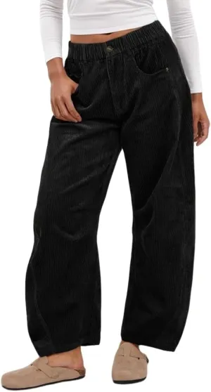 Womens Vintage Corduroy Mid-Rise Barrel Pants Elastic Waist Wide Leg Baggy Pants Trendy Casual Trouser