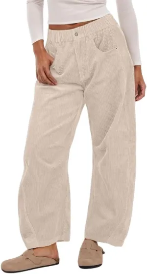 Womens Vintage Corduroy Mid-Rise Barrel Pants Elastic Waist Wide Leg Baggy Pants Trendy Casual Trouser