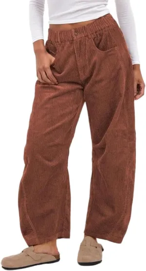 Womens Vintage Corduroy Mid-Rise Barrel Pants Elastic Waist Wide Leg Baggy Pants Trendy Casual Trouser