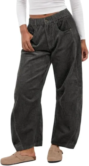 Womens Vintage Corduroy Mid-Rise Barrel Pants Elastic Waist Wide Leg Baggy Pants Trendy Casual Trouser