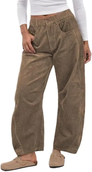 Womens Vintage Corduroy Mid-Rise Barrel Pants Elastic Waist Wide Leg Baggy Pants Trendy Casual Trouser