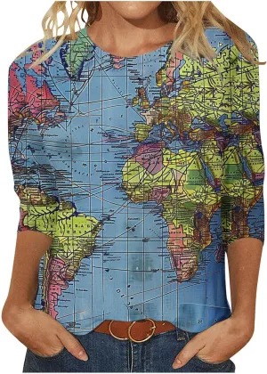 Womens Vintage World Map Print Tops Crew Neck Blouses Plus Size Casual Comfy 3/4 Length Sleeve Shirts Spring Blouses