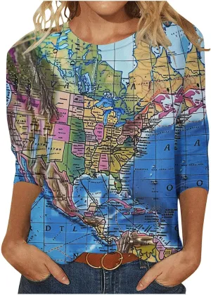 Womens Vintage World Map Print Tops Crew Neck Blouses Plus Size Casual Comfy 3/4 Length Sleeve Shirts Spring Blouses