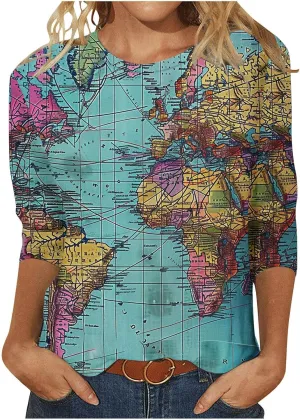 Womens Vintage World Map Print Tops Crew Neck Blouses Plus Size Casual Comfy 3/4 Length Sleeve Shirts Spring Blouses