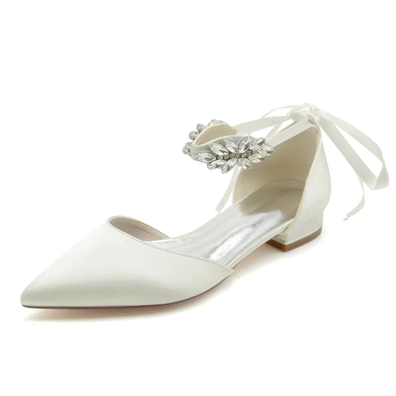 Women's Wedding Shoes Closed Toe Flat Heel Rhinestone High-End Buckle Bridal Shoes with Bow