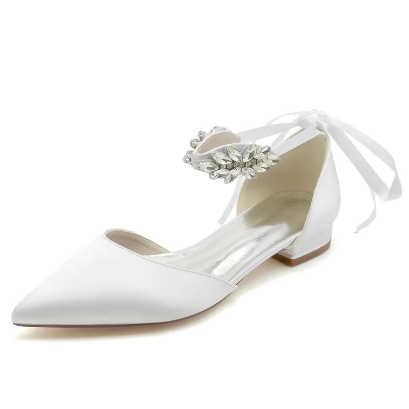 Women's Wedding Shoes Closed Toe Flat Heel Rhinestone High-End Buckle Bridal Shoes with Bow