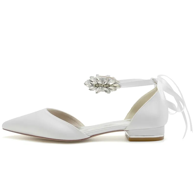 Women's Wedding Shoes Closed Toe Flat Heel Rhinestone High-End Buckle Bridal Shoes with Bow