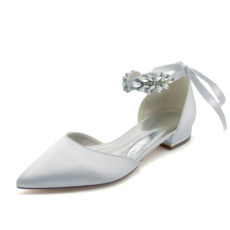 Women's Wedding Shoes Closed Toe Flat Heel Rhinestone High-End Buckle Bridal Shoes with Bow