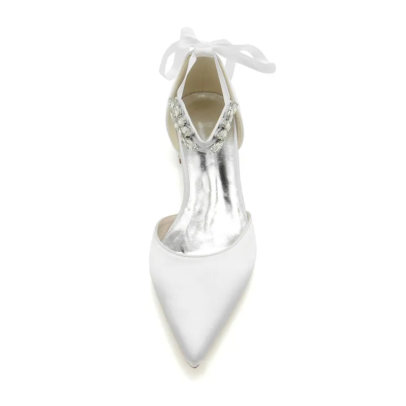 Women's Wedding Shoes Closed Toe Flat Heel Rhinestone High-End Buckle Bridal Shoes with Bow