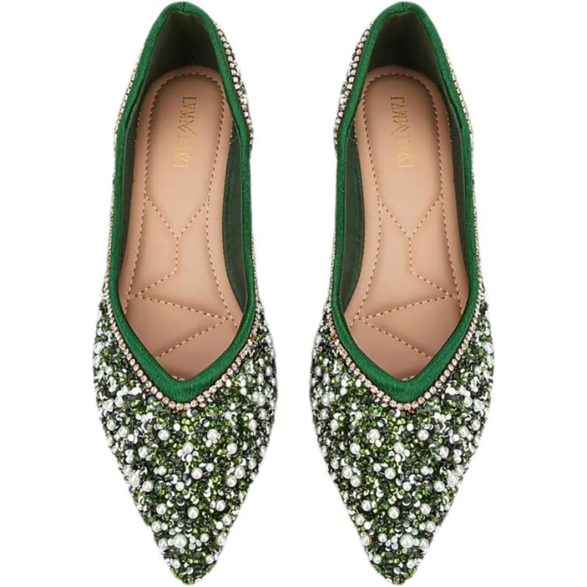 Women's Wedding Shoes Green Pointed Toe Flat Heel Bridal Shoes with Pearls