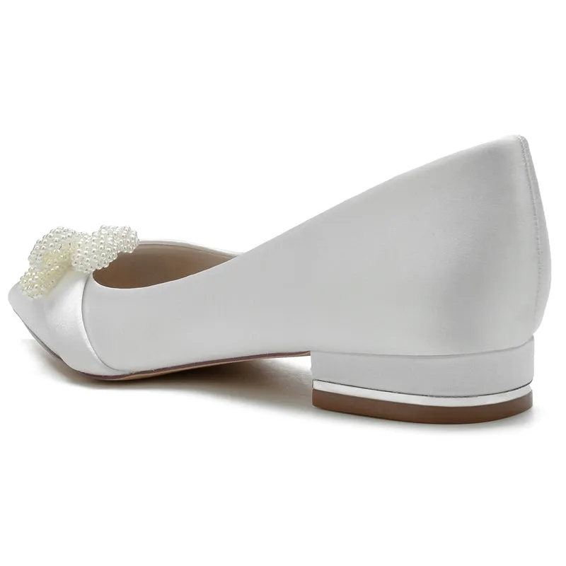 Women's Wedding Shoes Ivory Pointed Toe Flat Heel Bridal Shoes with Pearl