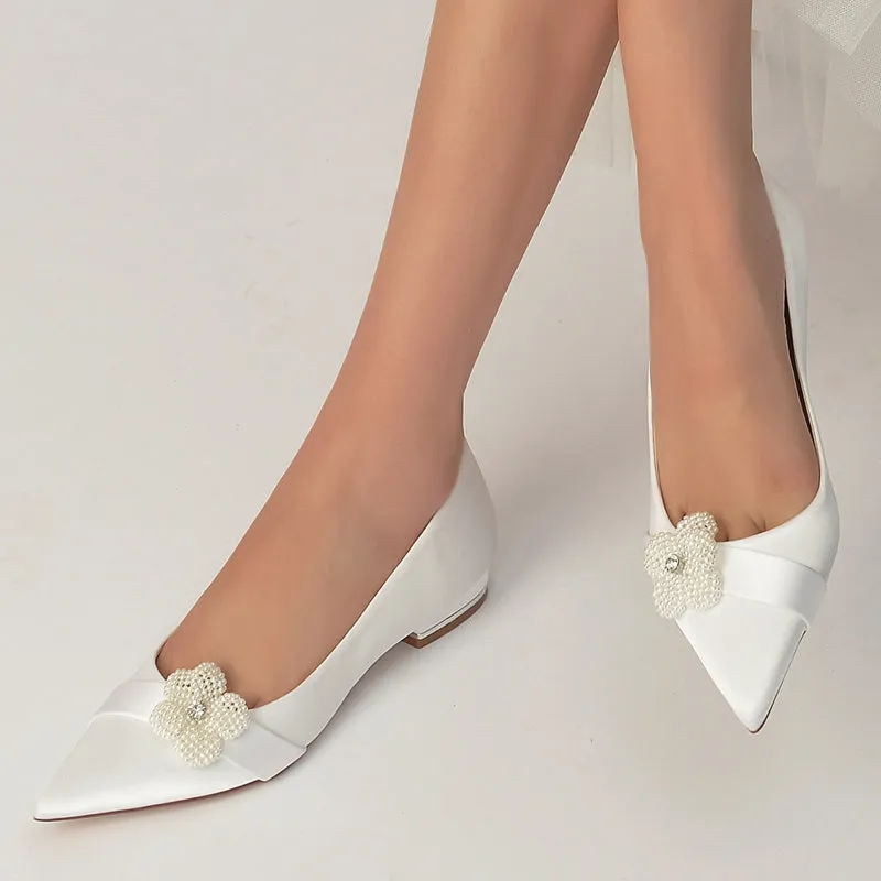Women's Wedding Shoes Ivory Pointed Toe Flat Heel Bridal Shoes with Pearl