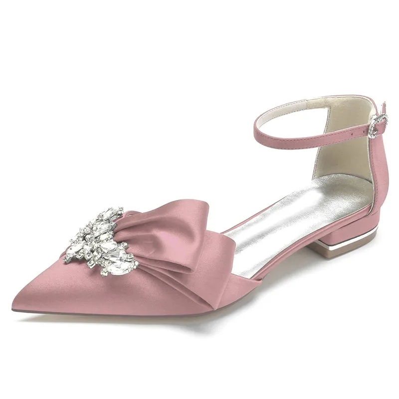 Women's Wedding Shoes Pointed Toe Flat Heel Buckle Elegant Bridal Shoes with Rhinestone & Ruffles